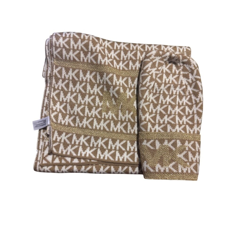 Michael Kors Knit Scarf & Hat Set O/S Beige White MK Logo Design Fall